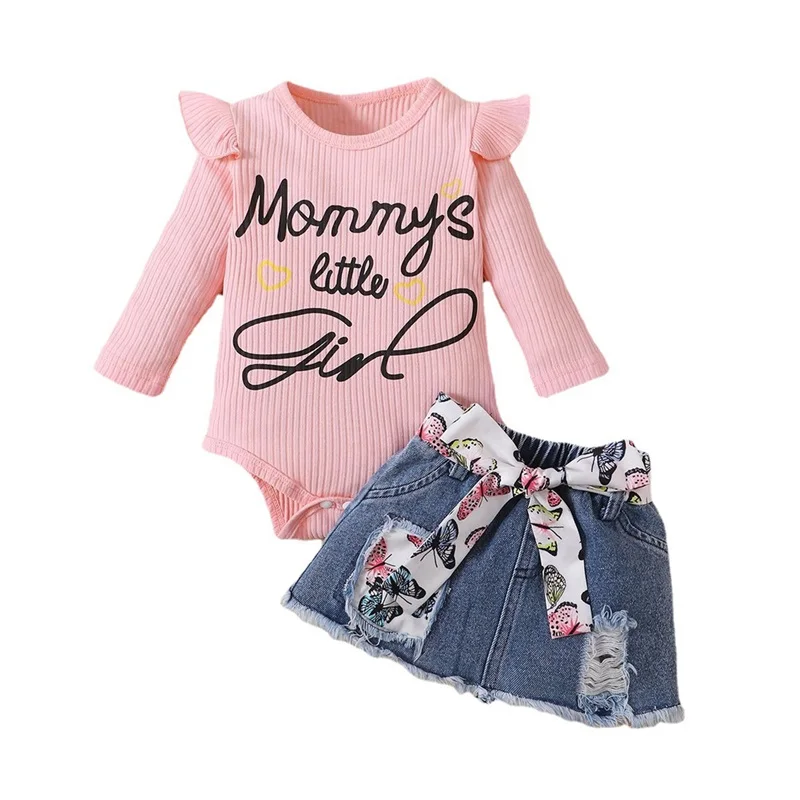 

Baby Girls 2PCS Outfits Long Sleeve Letter Print Romper Ripped Denim Belted Skirt Set