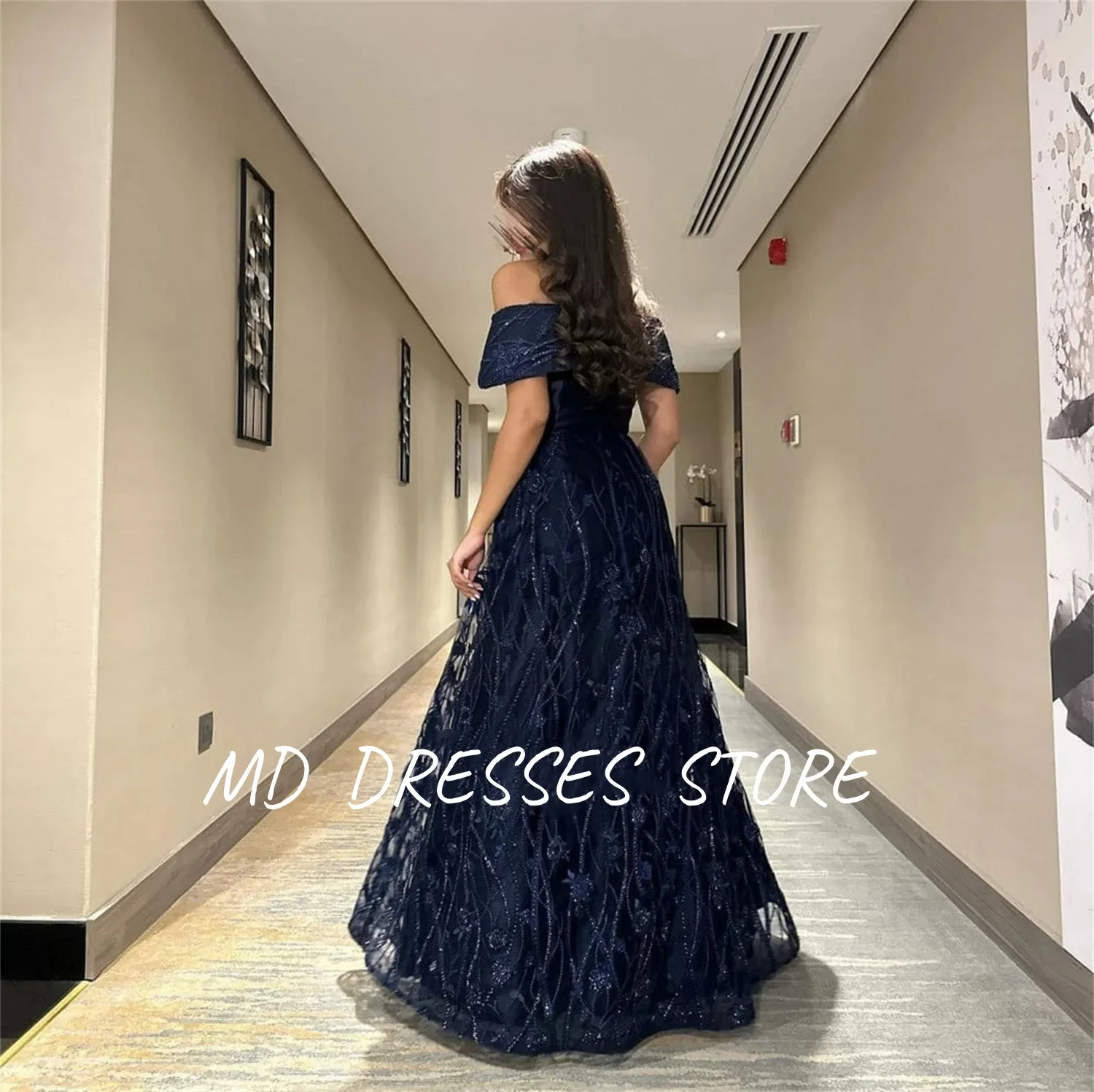 MD Modern Navy Blue Evening Gown A-line Off the Shoulder Floor-Length Beading Tulle Prom Down vestidos de fiesta Customised 2025