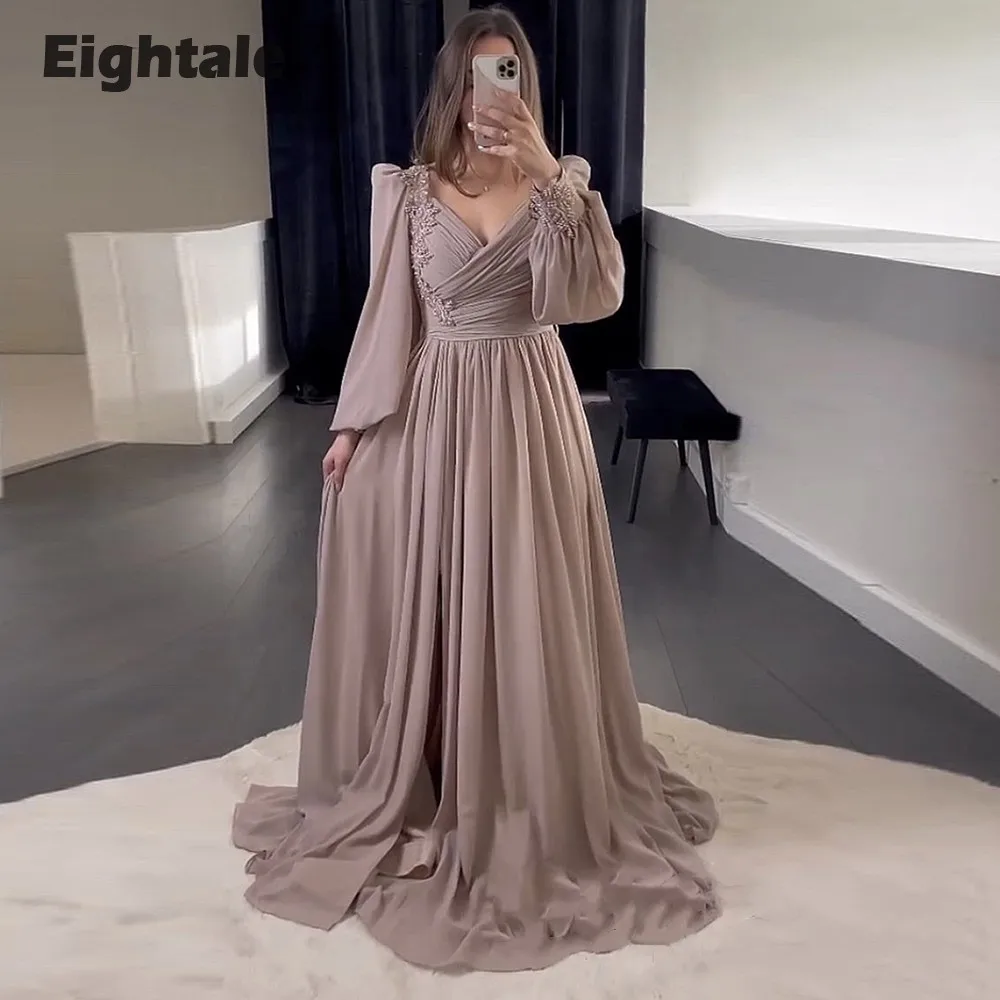 

Eightale New in Evening Dresses V-Neck Appliques Beaded Long Sleeves Arabic Chiffon Prom Gown for Wedding Party robe soiree