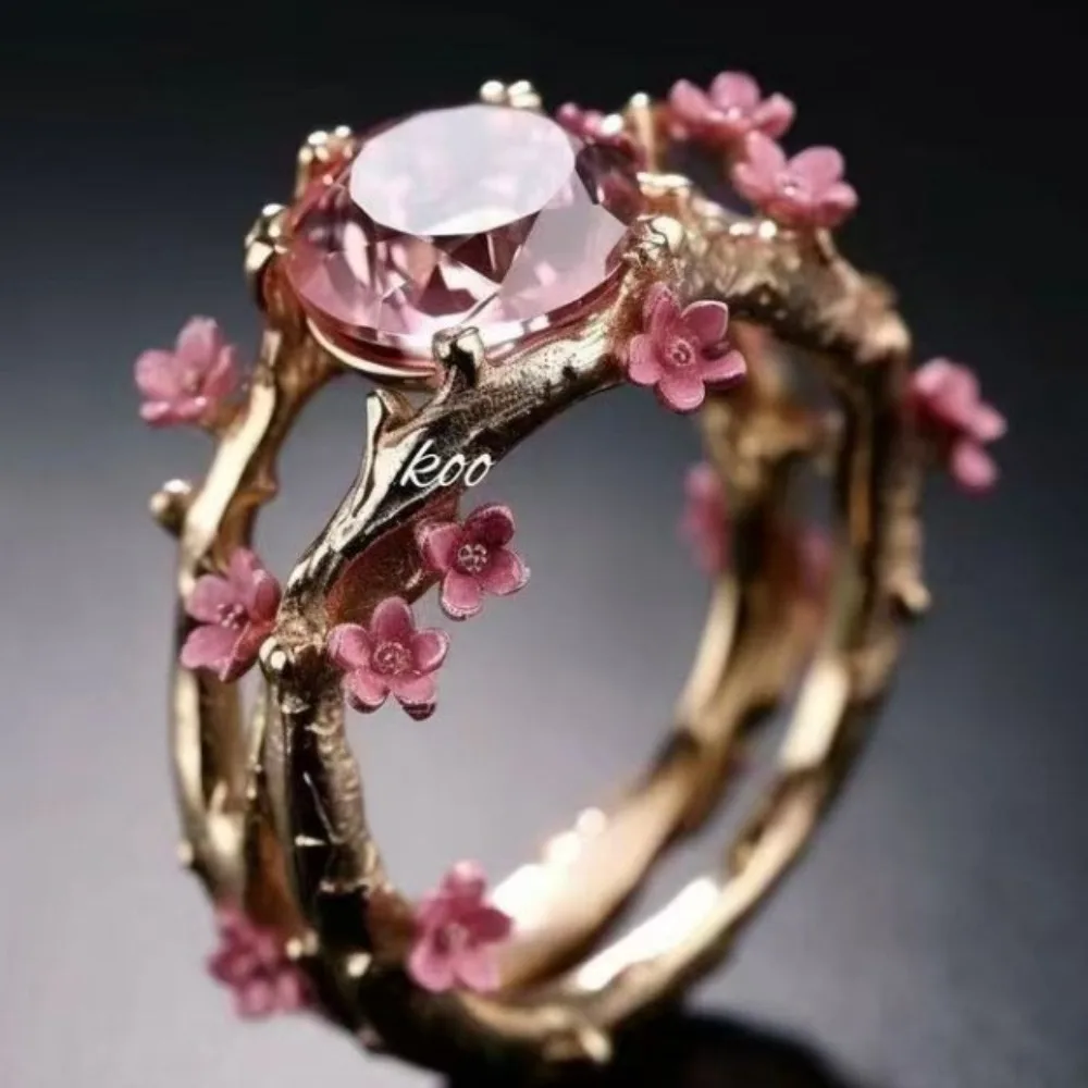 New Temperament Fashion Pink Flower Round Crystal Rings for Women Exquisite Personality Engagement Finger Jewelry Gift Colorfast