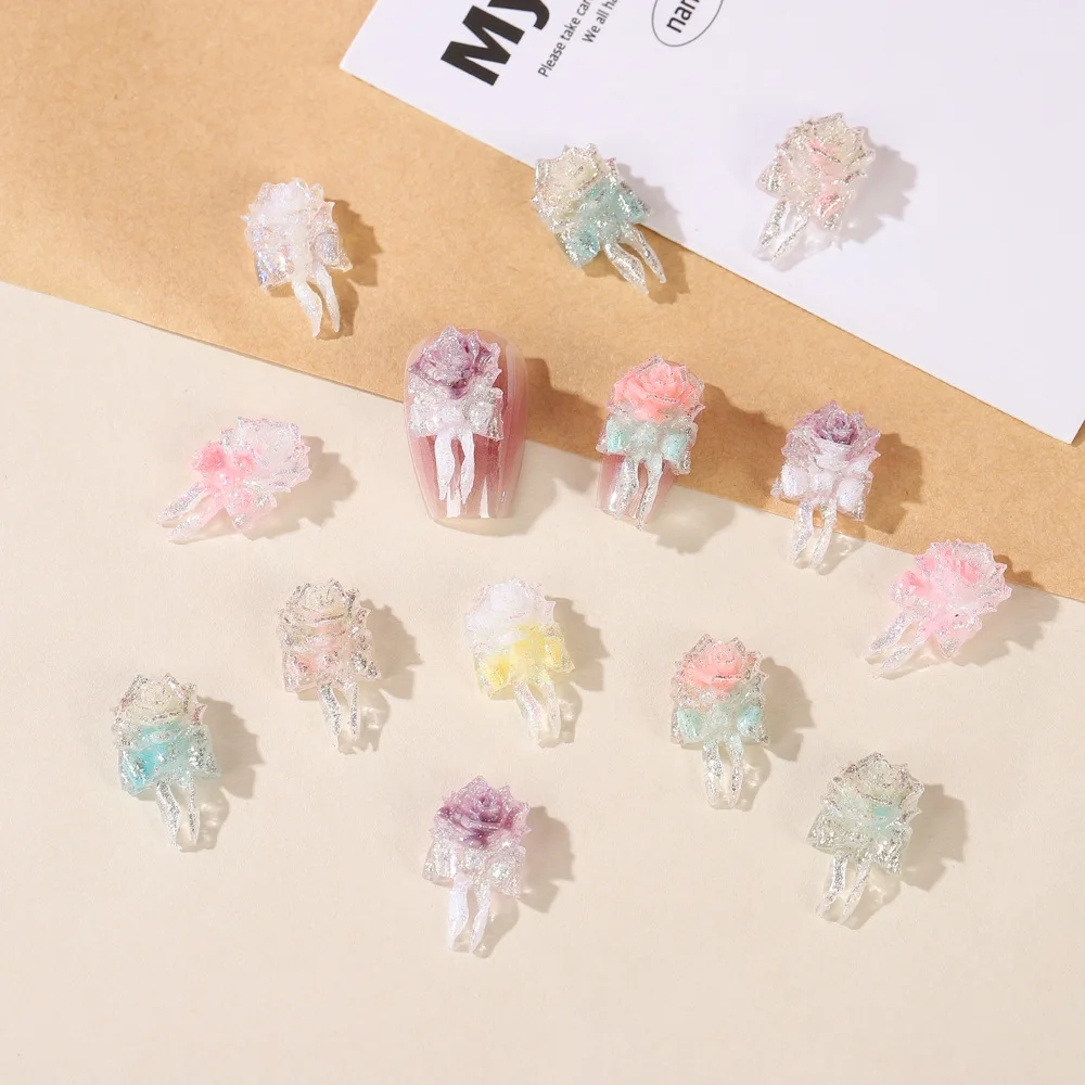 เสน่ห์เล็บกุหลาบ 3D 20 ชิ้น - เพ้นท์เล็บลายดอกไม้หรูหราพร้อมริบบิ้นที่ไหลสําหรับการแต่งเล็บกลางคืนและกลางวันที่สวยงาม