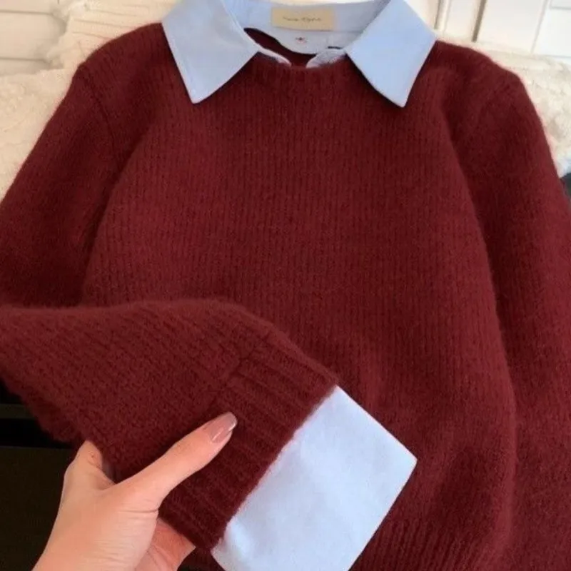 Fake Two Shirts Collar Sweater Women's Autumn Lazy Grey Knitted Pullover Ladies Winter Versatile Warm Sweaters Fashion Clothing 4