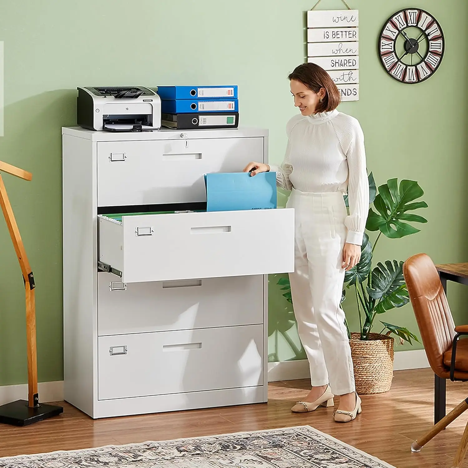 4 drawers lockable filing cabinet, suitable for hanging letters/legal/F4/A4 wide organizational storage in home offices (white)