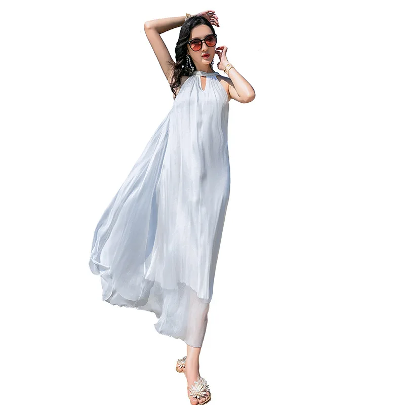 Women Christmas Party dresses Shell 100%Silk Summer Beach Dress Women Natural Fiber High Quality Elegant Long dresses White