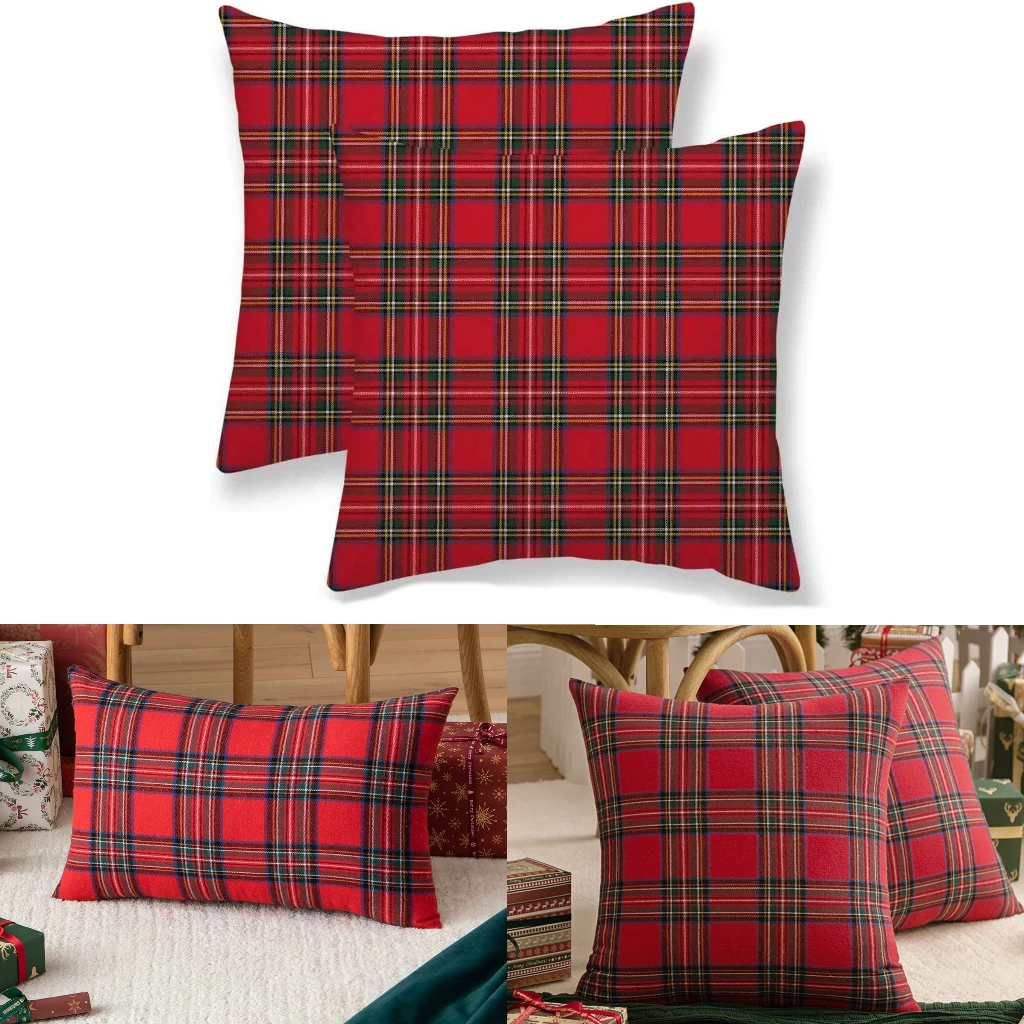 

45x45cm Square Pillow Cases Christmas Scottish Tartan Plaid Cushion Covers for Home Holiday Party Decor Red Throw Pillow Cover