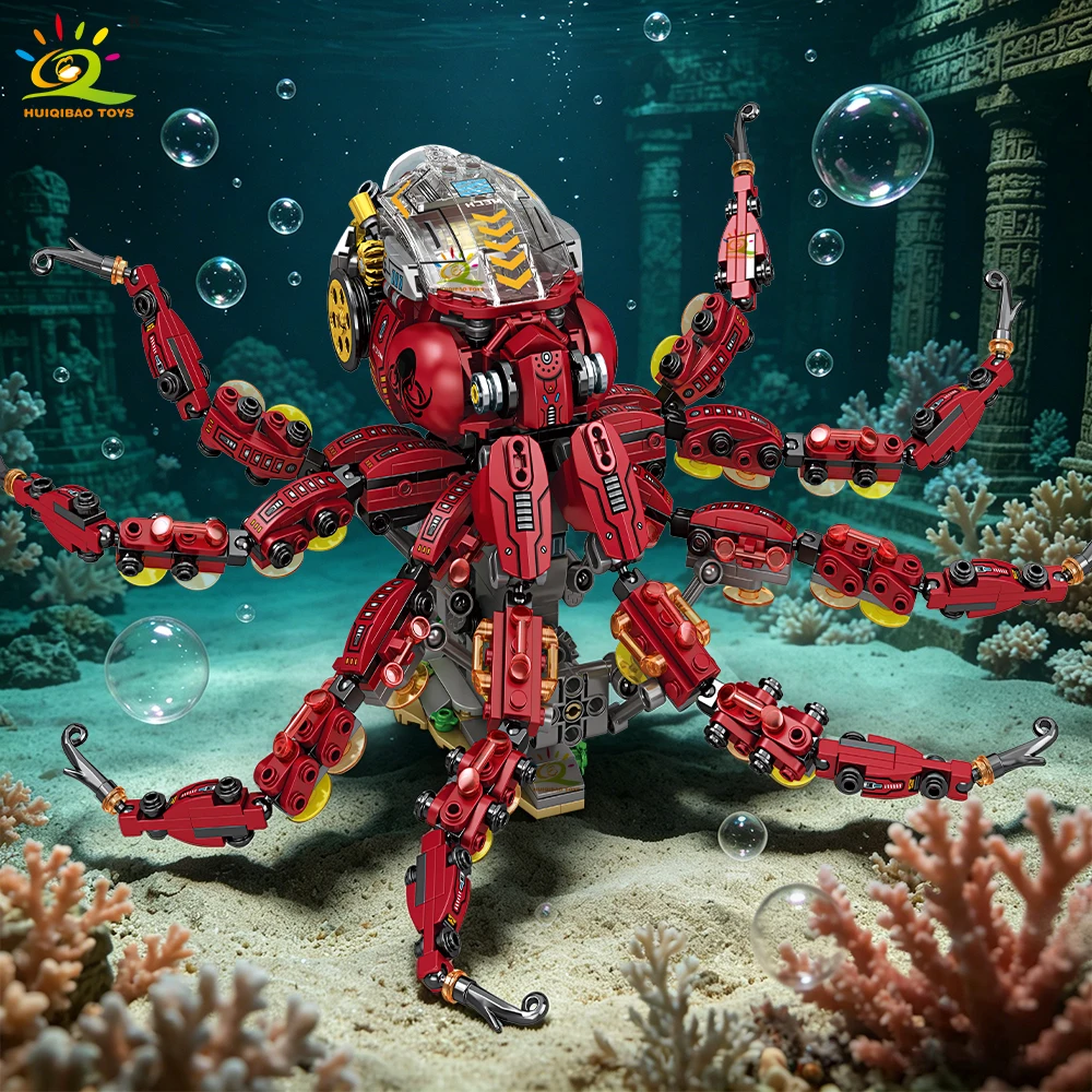 HUIQIBAO MOC Technical Mechanical Octopus Building Blocks Set Marine Life Model DIY Assembly Bricks Children Toy Desk Decoration