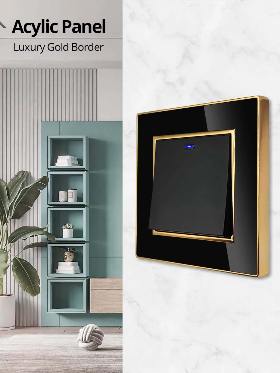 Wallpad EU-Steckdose mit USB, schwarzes Acryl-Panel mit goldenem Rand, 2-Wege-Wandlichtschalter mit LED-Bewegungssensor – Detail 5