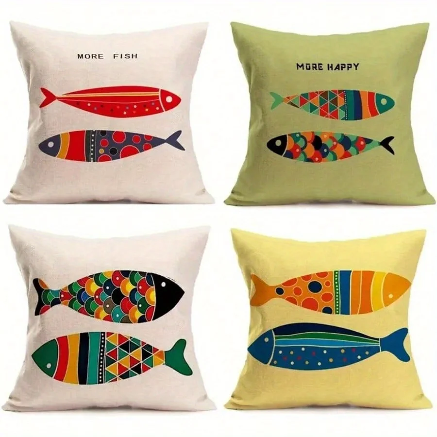 Cute Fish Pattern Pillowcase Set 4pcs Ocean Theme Throw Pillow Covers for Bed Sofa Home Decor Nautical Tropical Animal