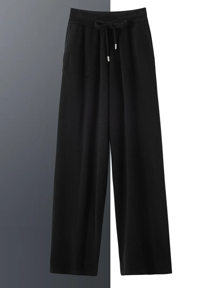 Men's Cashmere Straight Pants Autumn Winter Solid Regular 100% Cashmere Knitted Thin Elastic Waist Trousers Casual Lace-up Pants