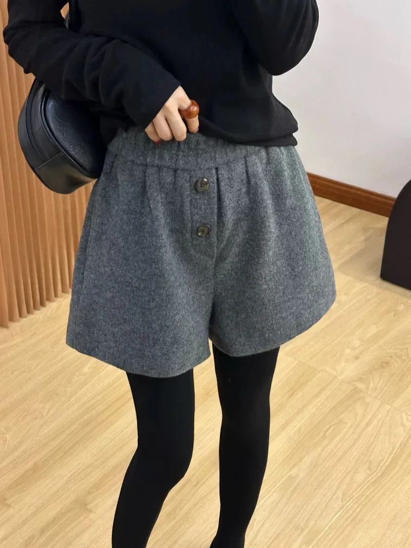 하이웨이스트 와이드 레그 울 팬츠 두 개의 버튼 한국 스타일 캐주얼 루즈핏 가을 겨울 신상 여성 바지