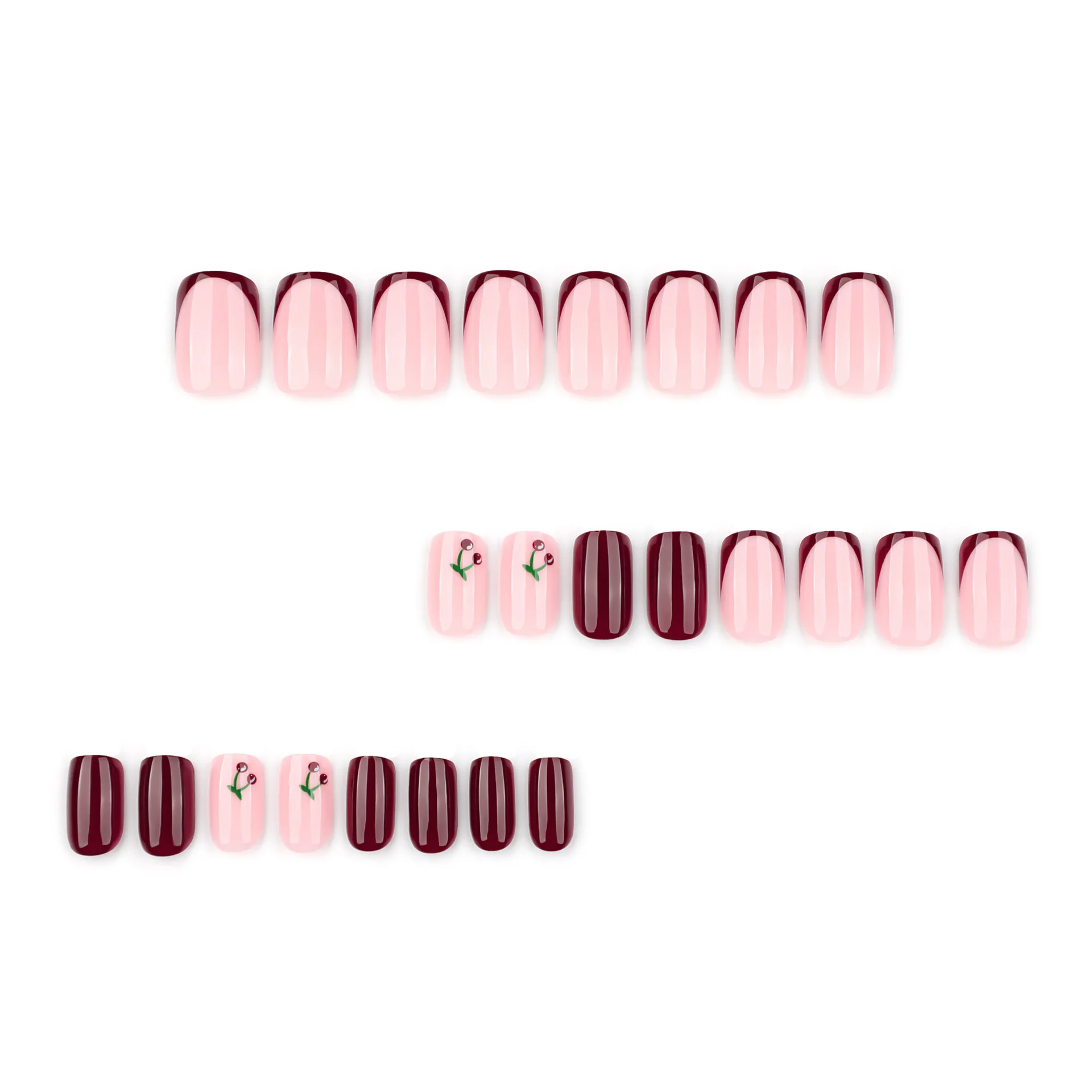 24pcs False Nails French Wine Red Simple Short Square Nails Cherry-shaped Press-on Full-coverage Nail Stickers Suitable for Girl