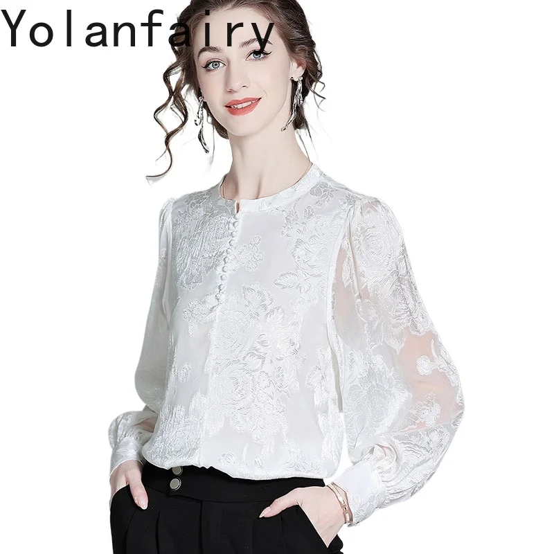 

YOLANFAIRY 100% Natural Mulberry Silk Shirt Woman 2025 Early Autumn Elegant Jacquard Womens Top Long Sleeve Shirts White Blouses