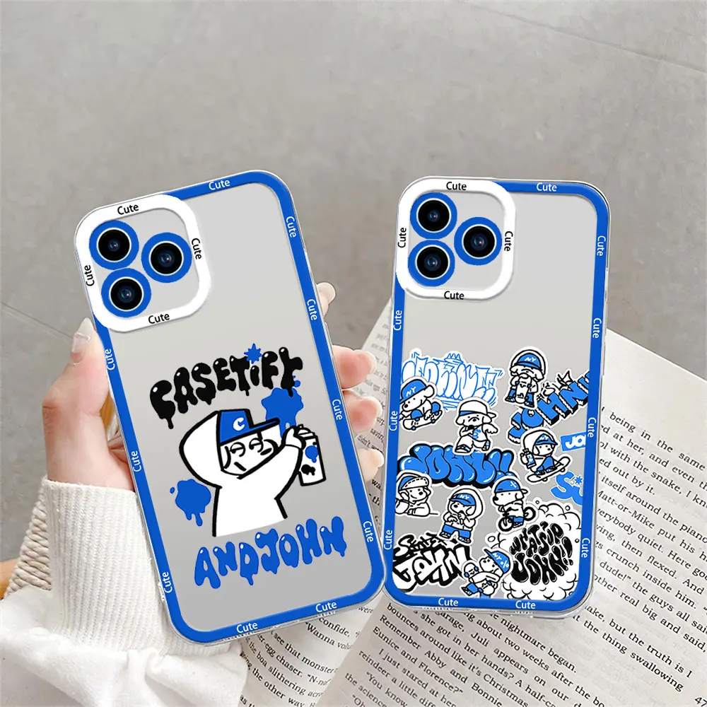 Art S-Skater JOHN Dog Cute Phone Case for iPhone 12 11 13 14 15 16 Max Pro Plus Transparent Bezel Shell