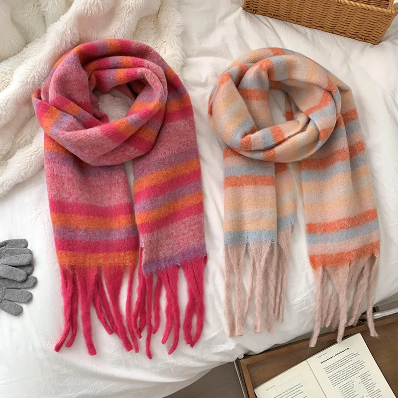 

Warm and Soft Striped Scarf for Women, Thickened Knitted Neck Warmer with Colorful Stripes, Shawl or Scarf for Couples