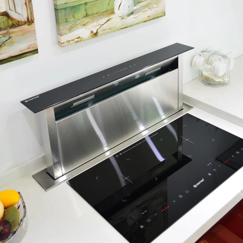 Lifting Range Hood Countertop Hidden Hanging Cabinet Embedded Island Counter Bottom Exhaust Open Kitchen Side Suction