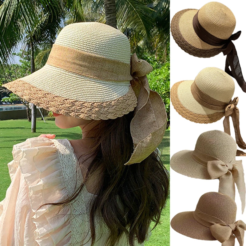 Large Brim Straw Hat with Bow Ribbon Women Summer Anti-Uv Sun Protection Hat Foldable Breathable Visors Outdoor Travel Beach Cap