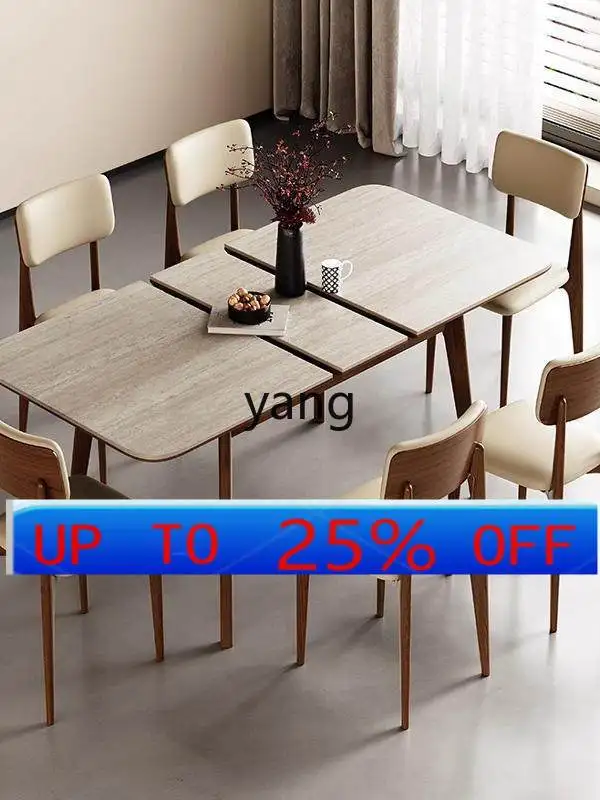

LMM rectangular travertine rock slab dining table retractable folding solid wood dining table and chair combination