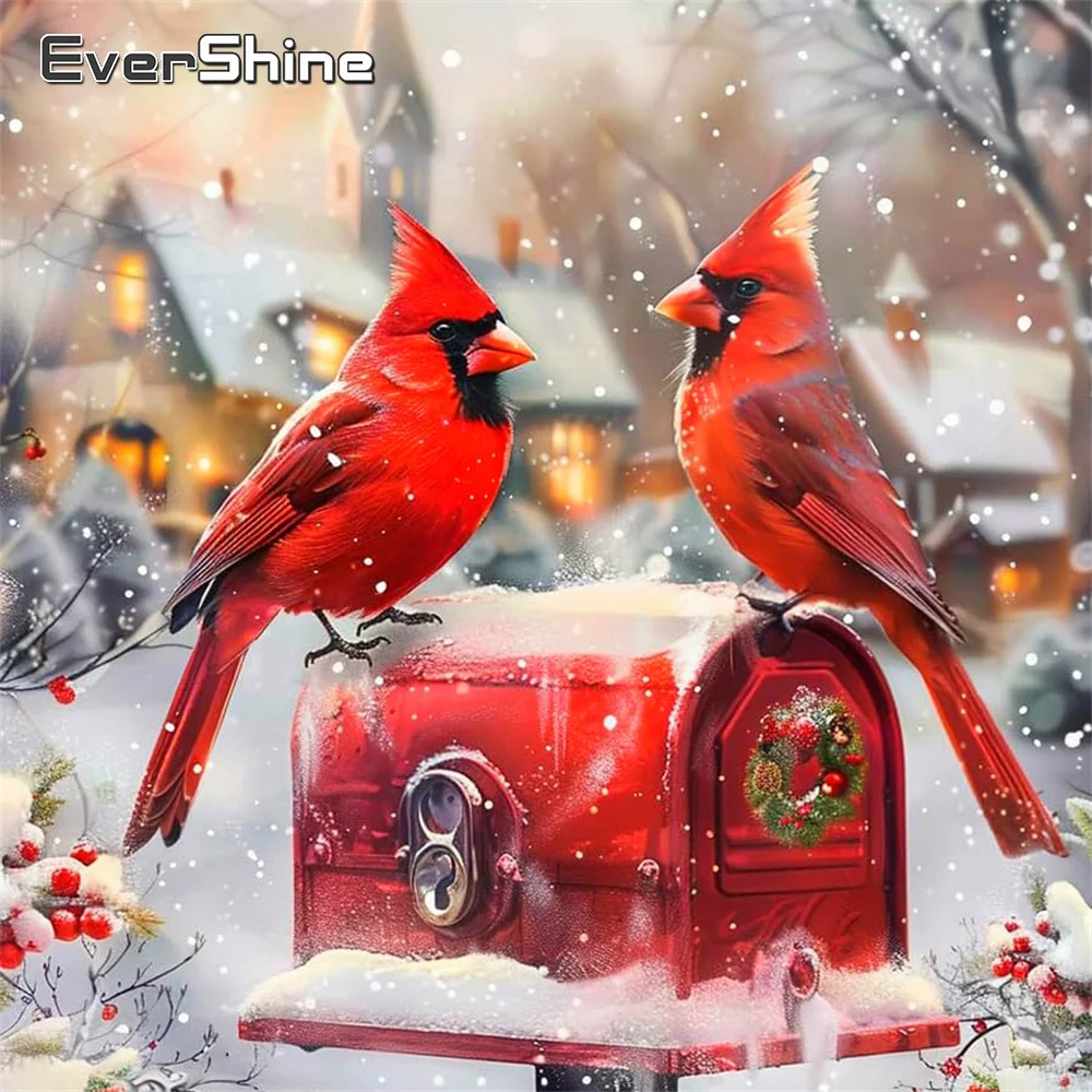 Evershine Diamant-Gemälde, Vogelbild, komplett, quadratisch, Stickerei, Tier-Bastelset, Mosaik, Winter, Schnee, Haus, Wanddekoration