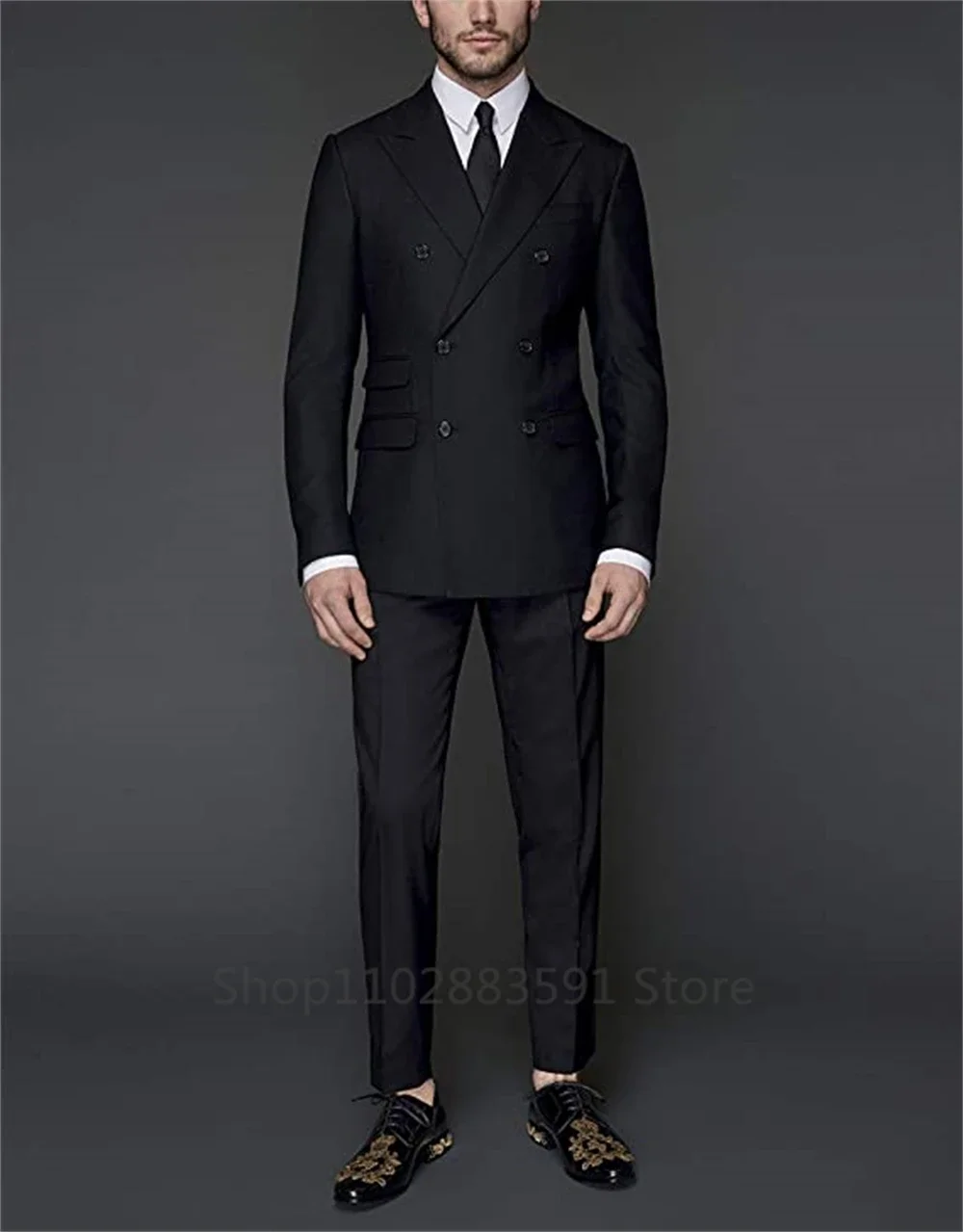 Fashion Peak Lapel Black Men Wedding Prom Dress Suits 2024 Double Breasted 2 Slits Men Suits Groom Party Tuxedo 2 Pieces Set