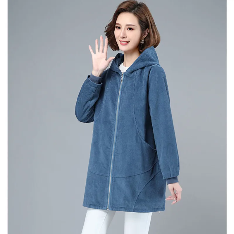 Corduroy Windbreaker Female Mid-length 2024 Spring Autumn Loose Hooded Coat Plus size Casual All-match Women\'s Trench Outwear