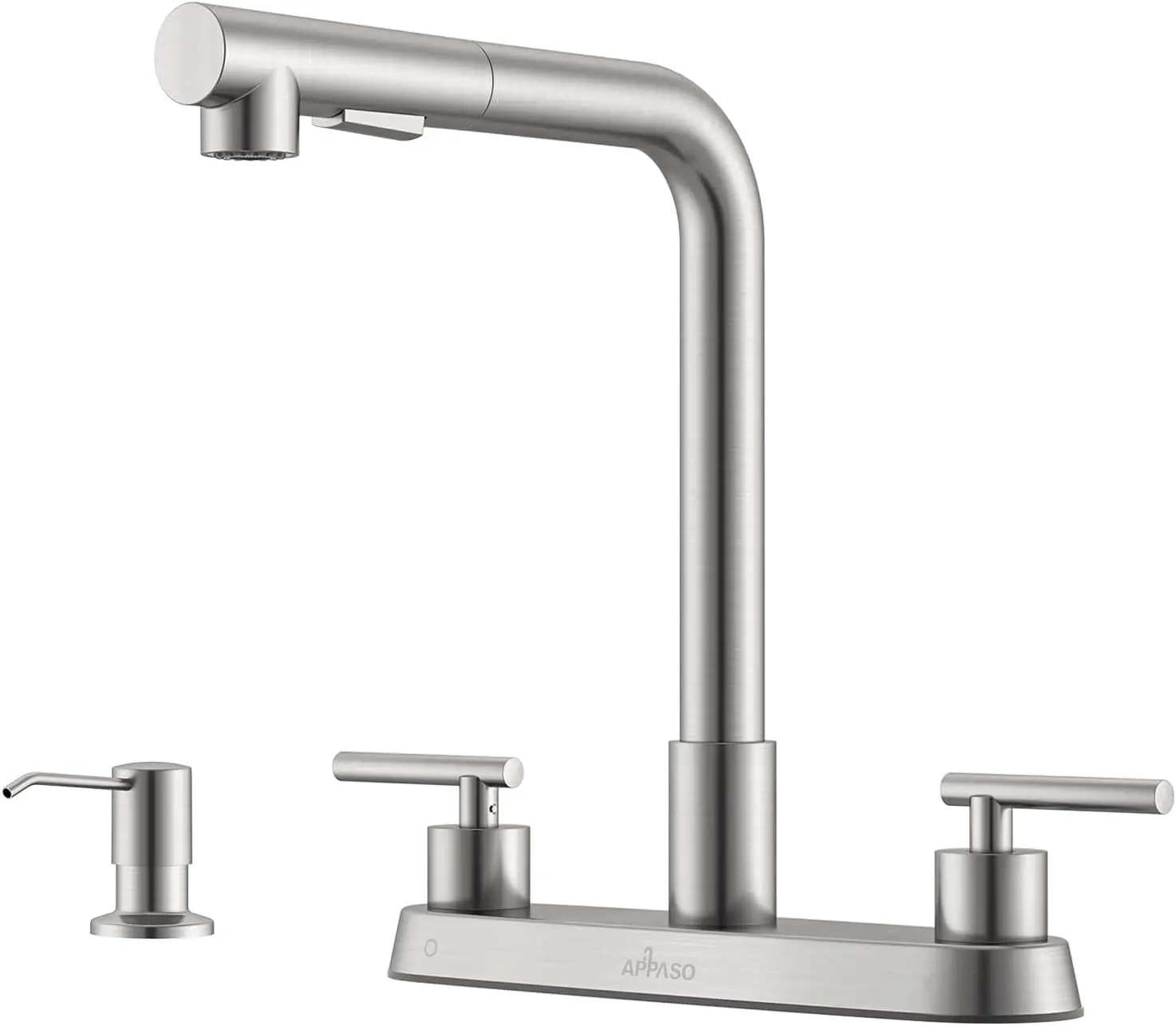 

Кухонный смеситель с двумя ручками и выдвижным распылителем, отделка матовый никель, в комплекте дозатор для мыла, для раковины, автодома или бара