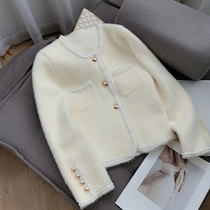 

French Cardigan Coat Women Spring and Autumn 2023 High end Celebrity Imitation Mink Fleece Sweater Knitted Cardigan Female