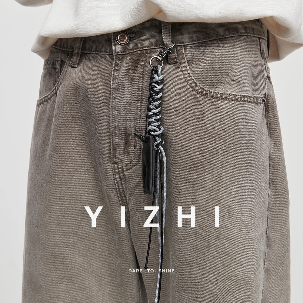 جديد لخريف وشتاء 2025 بنطال جينز فضفاض للرجال بلون كاكي فضفاض مناسب من قماش الدنيم مع حزام مزخرف بنطلون ملابس غير رسمي #6