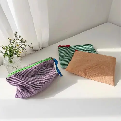 Bolsa de maquillaje a cuadros para niñas, bonita estuche de belleza para artículos de tocador, bolsa de almacenamiento de gran capacidad, organizador de maquillaje con cremallera, bolso de mano para teléfono con lápiz labial