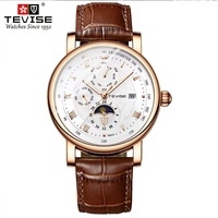 TEVISE Automatic Mechanical for Men Leather Strap Moon Phase Date Calendar Week Multi-functional Watch Waterproof