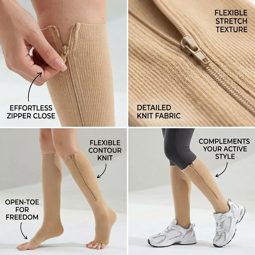 Skin Tone Zipper Compression Socks Open Toe Elastic Leg Support Anti Fatigue Swelling Stockings Flight Nurse Running Fitness Dai view 4