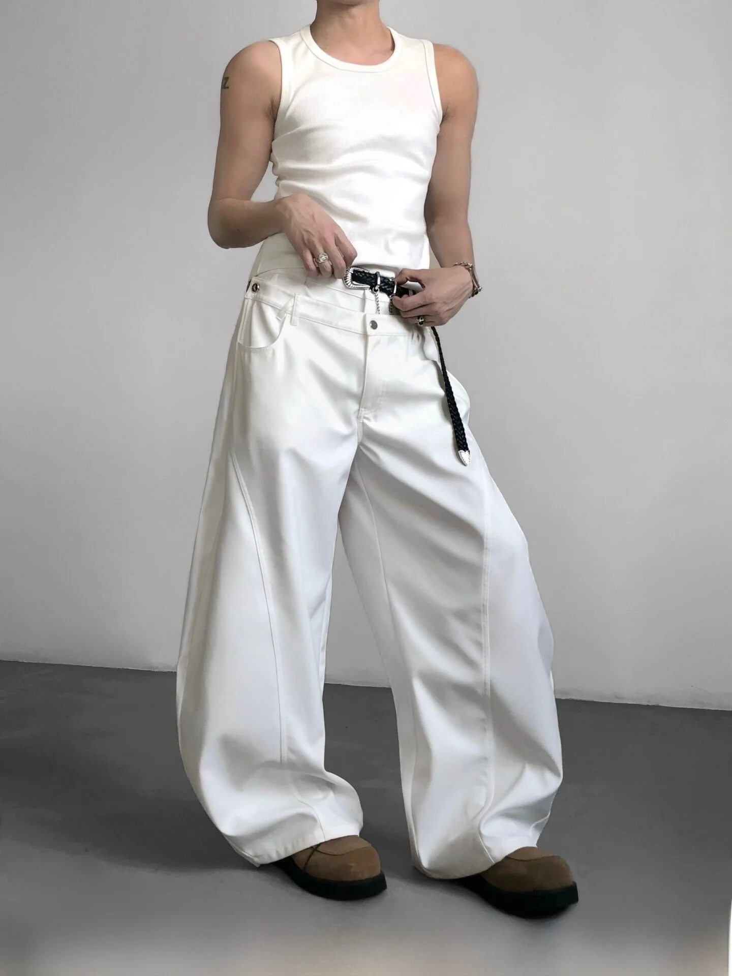 

Ace Original Street Style High Waist Wide Leg Casual Pants Men's Floor Length Knife Bell Bottoms Deconstructed Design