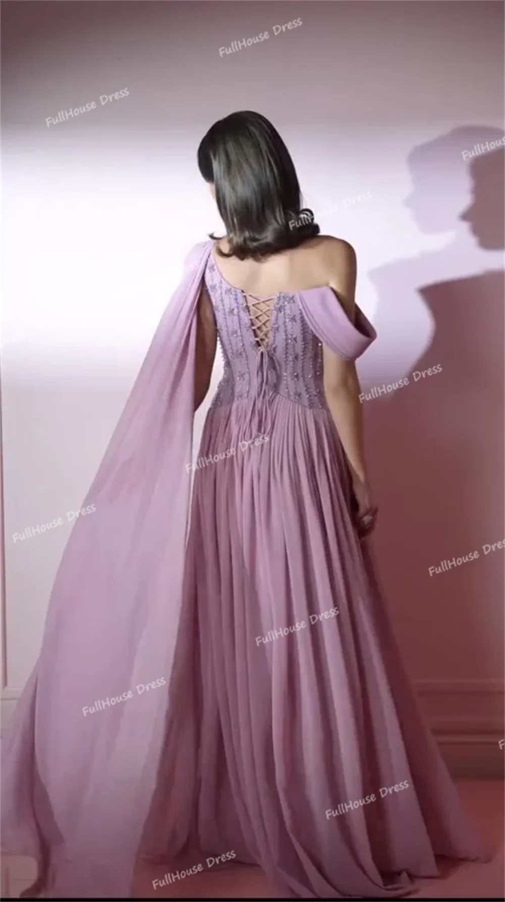 Gaun Malam Wanita Model Satu Bahu Bahan Sifon Lipit, A-line dengan Hiasan Manik-Manik, Panjang Lantai, Tali di Belakang, untuk Pesta dengan Model Court