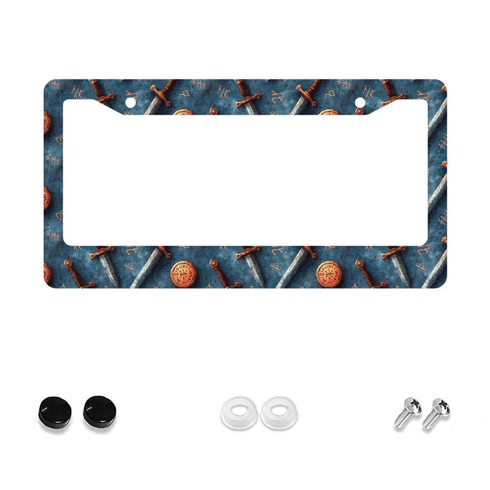 

1pc Retro Blue Viking Sword Pattern 2-Hole License Plate Frame Aluminum Material 6x12 Inches with Screw Set Unique Car Decorati