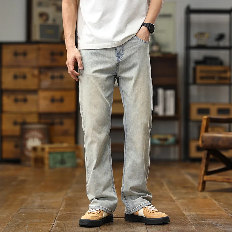 New American style retro high street elastic flared denim pants for spring and summer light blue color baggy jeans