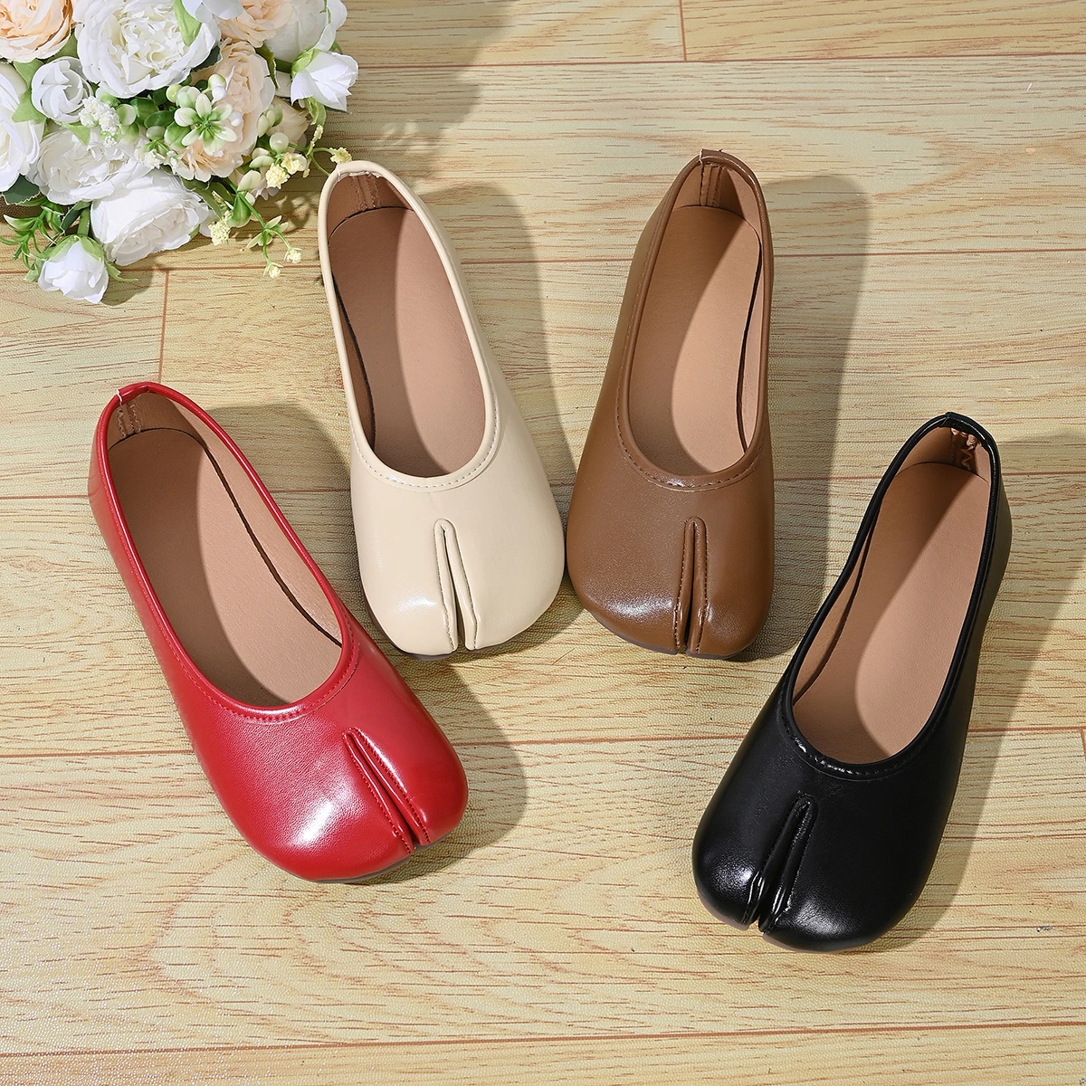 Japanese Style Ninja Shoes Women Cozy Faux Leather Flats Soft Sole Split Hoof Toe Loafers Femme Mocasines Ladies Ballerina Shoes