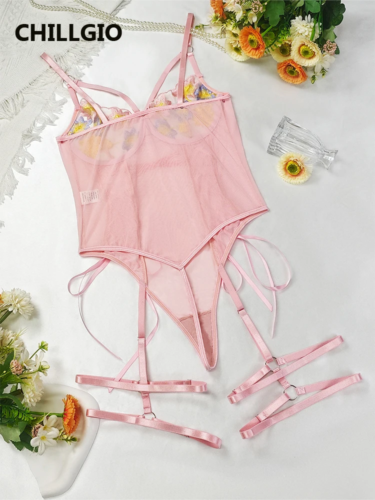 CHILLGIO Vrouwen Borduren Bloemen Kant Strappy Rompertjes Lingerie Slanke Bodycon Lace-up Onesie Sexy Een Stuk Combinatie Body