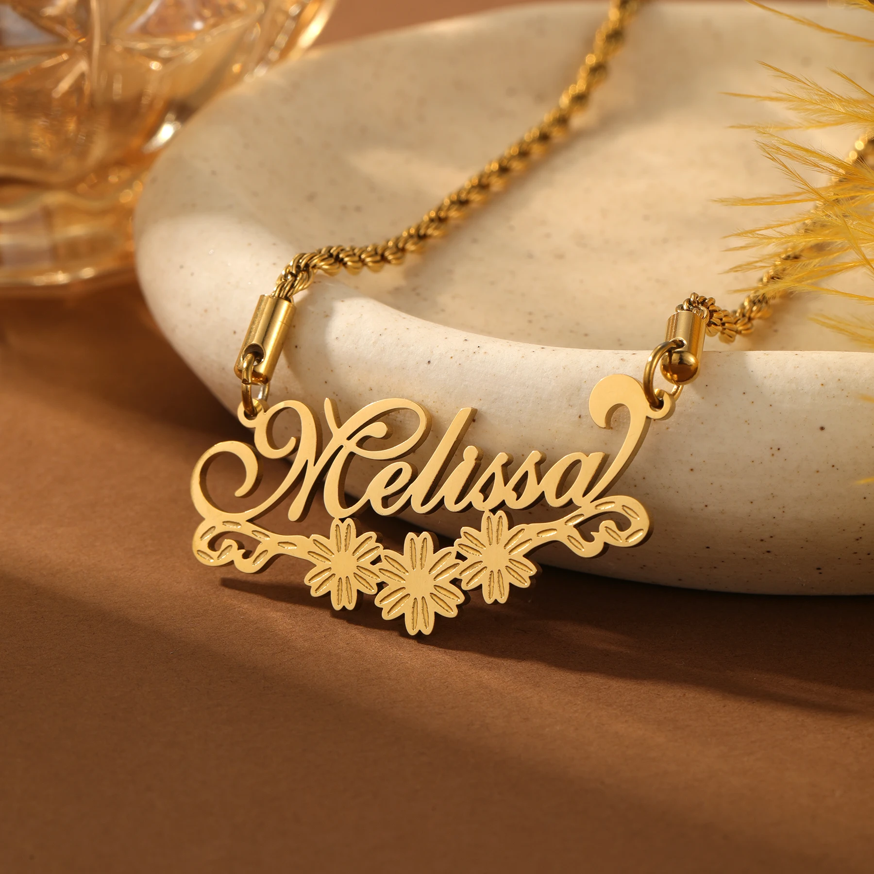 

Triple Flower Gold Nameplate Custom Handmade Name Pendant Personalized 18K Gold Plated Stainless steel Pendant Gift for Women
