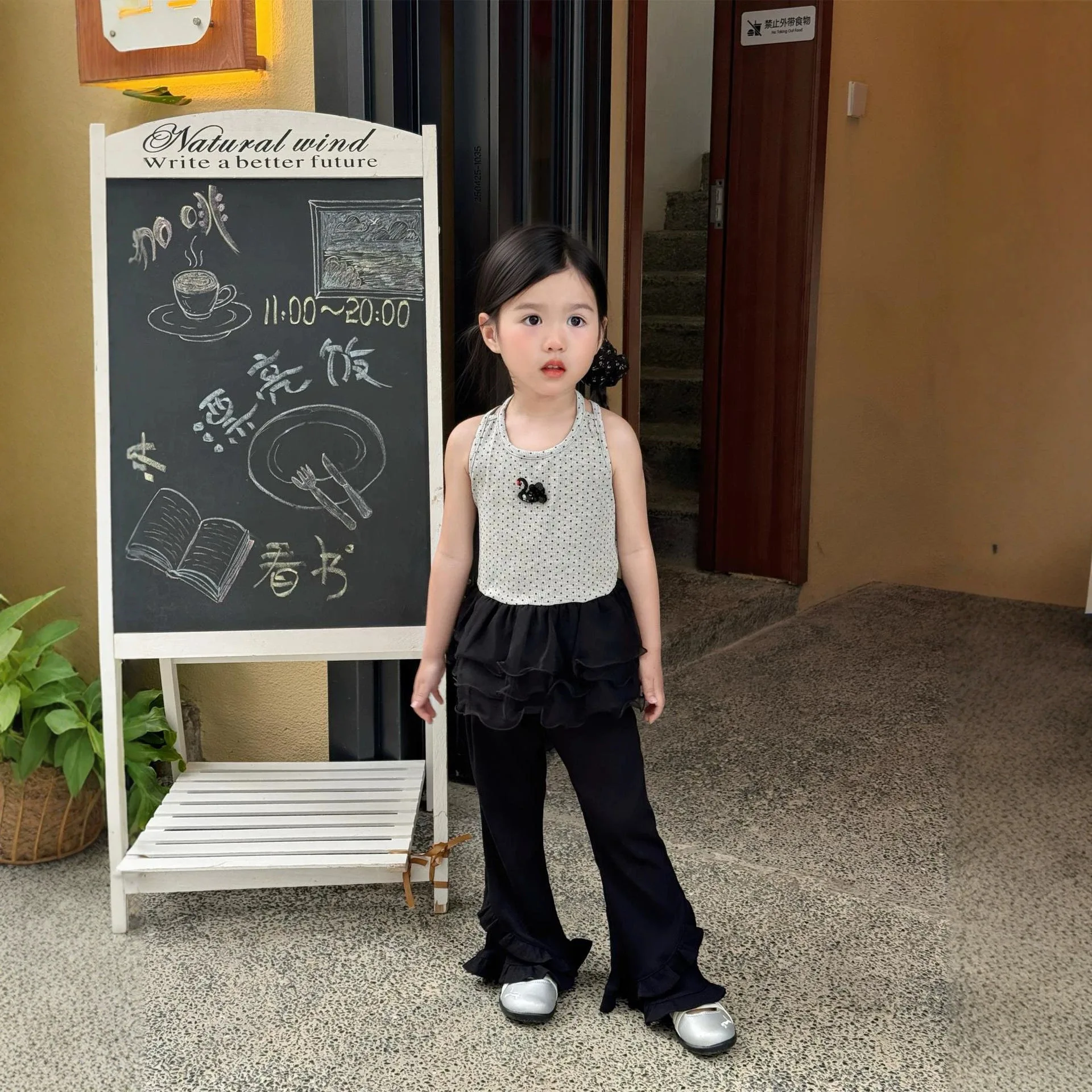 Girl Summer Black Swan Princess Polka Dot Backless Hanging Neck Mesh Skirt Top Black Flared Pants 2026 New