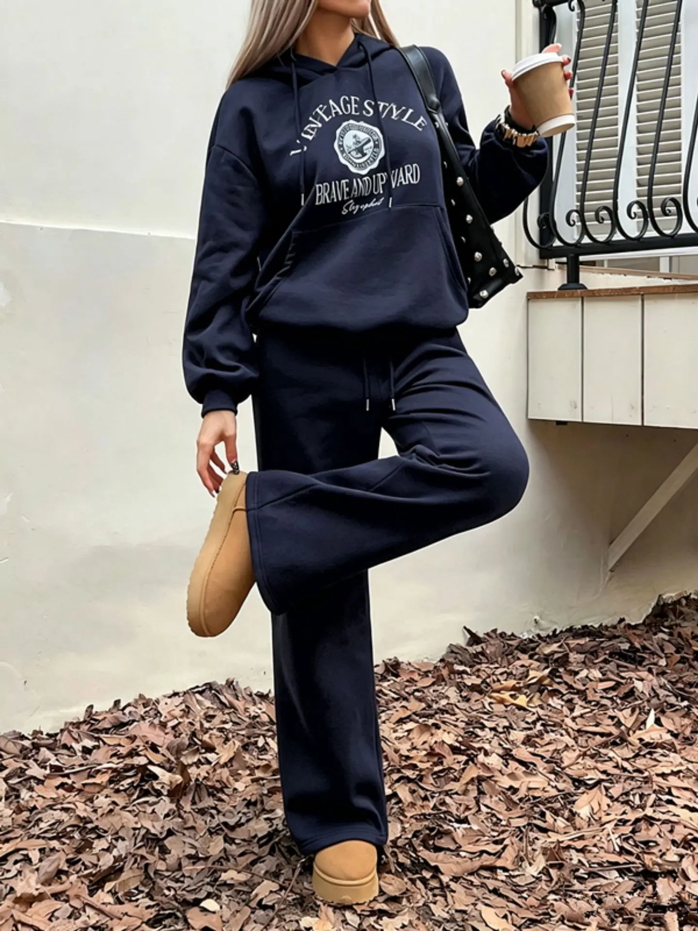 Women's Casual Letter Print Hooded Sweatshirt Set Long Sleeve Drawstring Hoodie Wide Leg Pants 2-Piece Tracksuit Outfit view 4
