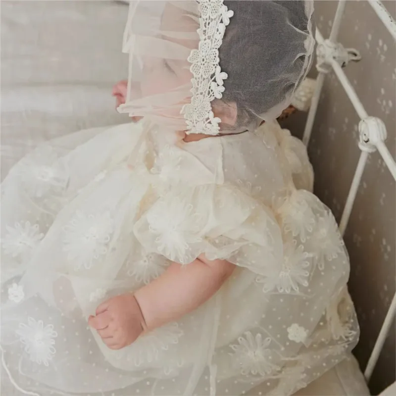 Baby Girl Cotton Princess Embroidery Floral Tulle Dress Infant Toddler Puff Sleeve Lace Vestido Party Summer Baby Clothes 3M-2T