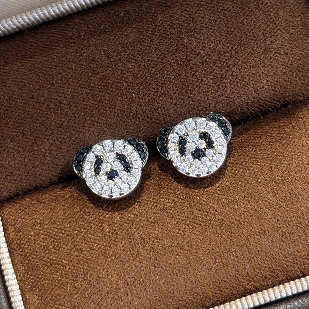 Trendy Real 925 Sterling Silver Earrings For Women Anniversary Gift Cute Panda Animal Stud Design 5A Zircon Luxury Fine Jewelry