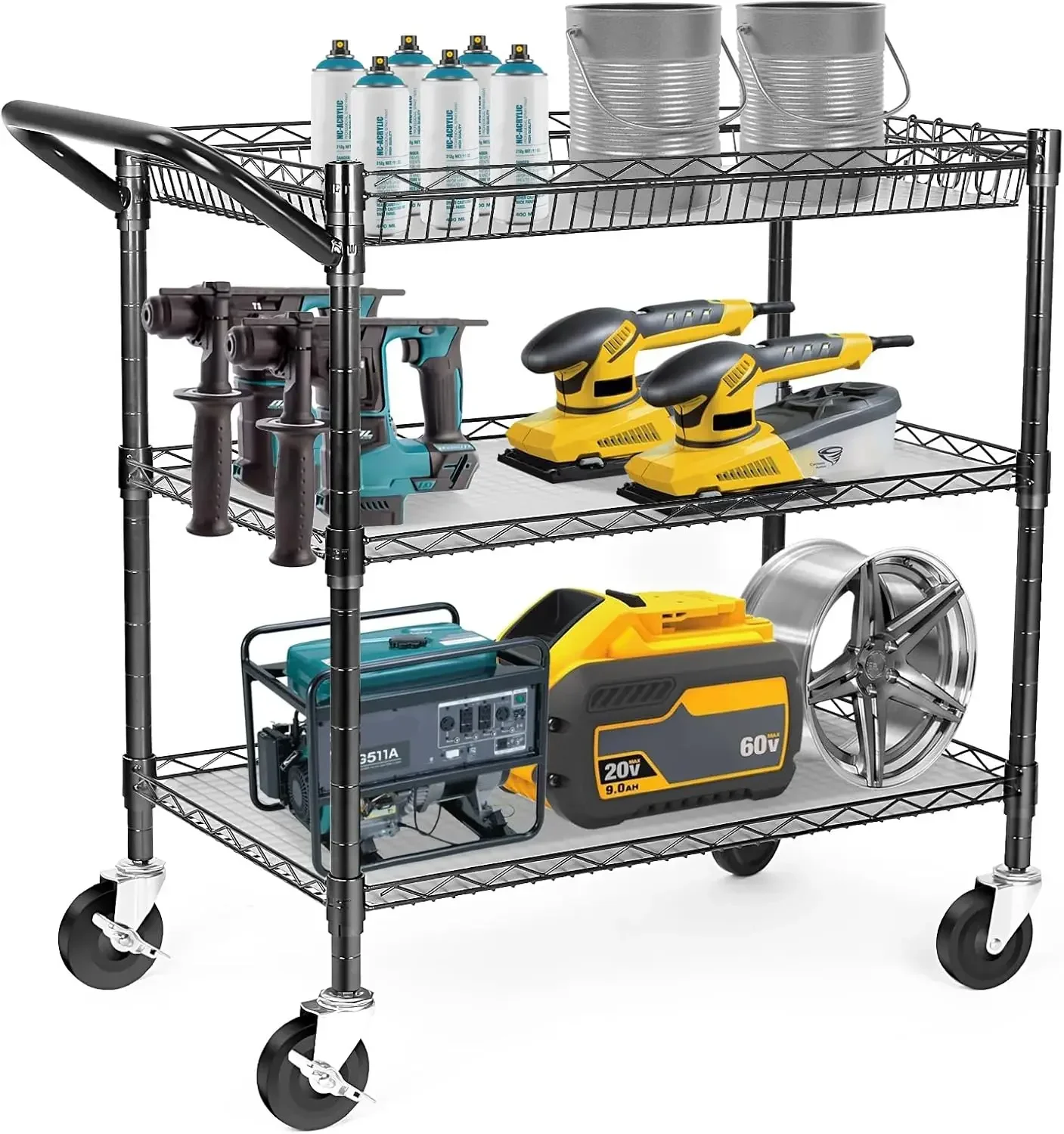 Heavy Duty 3 Tier Utility Cart,Wire Rolling Cart with Wheels, Commercial Grade Service Cart with Shelving Liners and Handle Bar