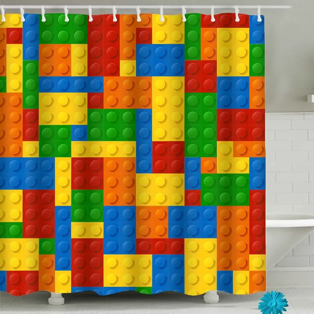 Funny Building Blocks Shower Curtain Set Colorful Blocks Cloth Shower Curtain Waterproof Bathroom Curtain Decor Polyester Fabric