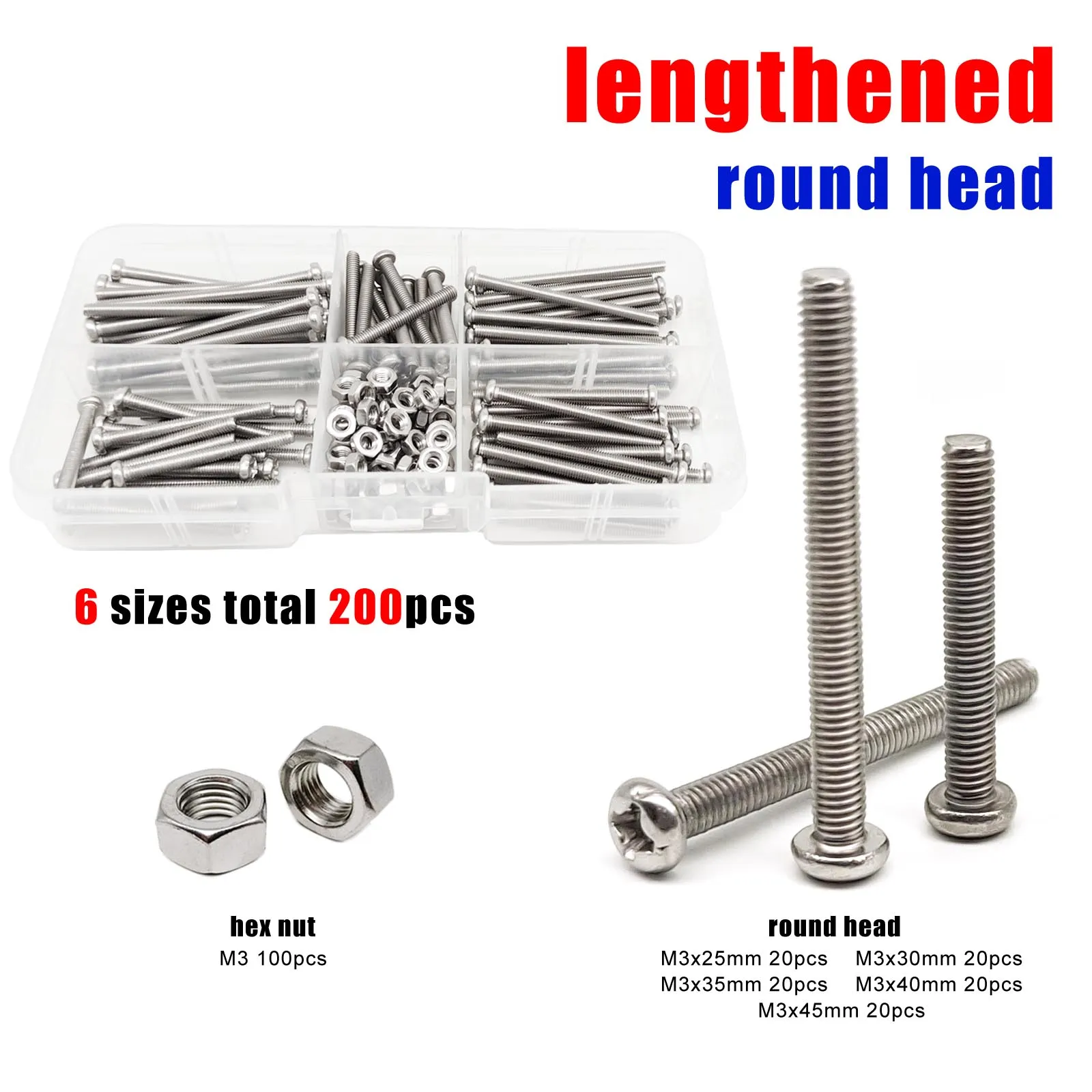 200pc/Kit Lengthened M3 Crossed Phillips Round Pan Flat Countersunk Head Screw Bolt Nut Assortment Set 304 A2-70 Stainless Steel