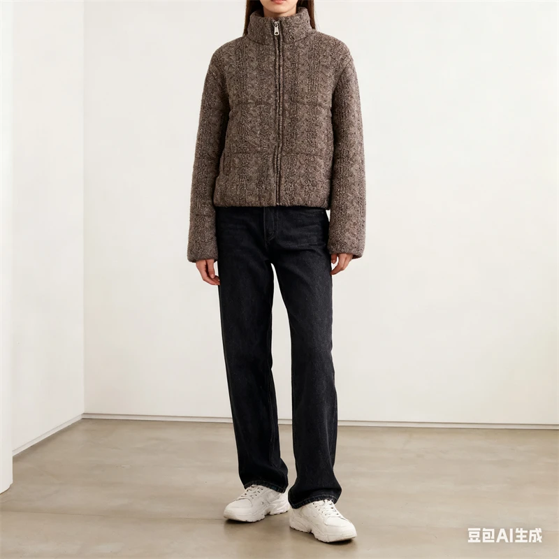 

Women's Knitted Puffer Jacket, High Neck Zip-Up Short Coat, Warm Winter Outerwear with Multiple Colors