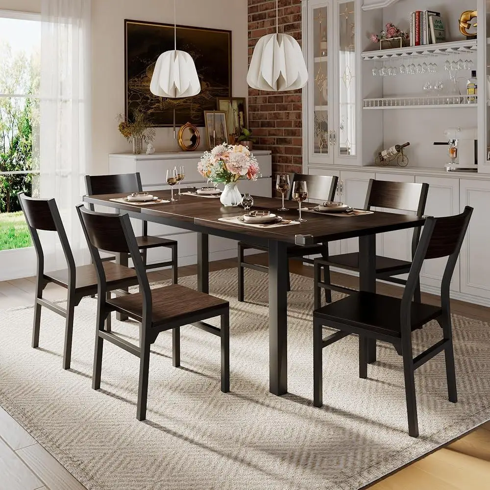 Extendable Dining Table Set with 6 Chairs MDF Board Metal Structure Modern Kitchen Furniture 4-6 People Space-saving Design