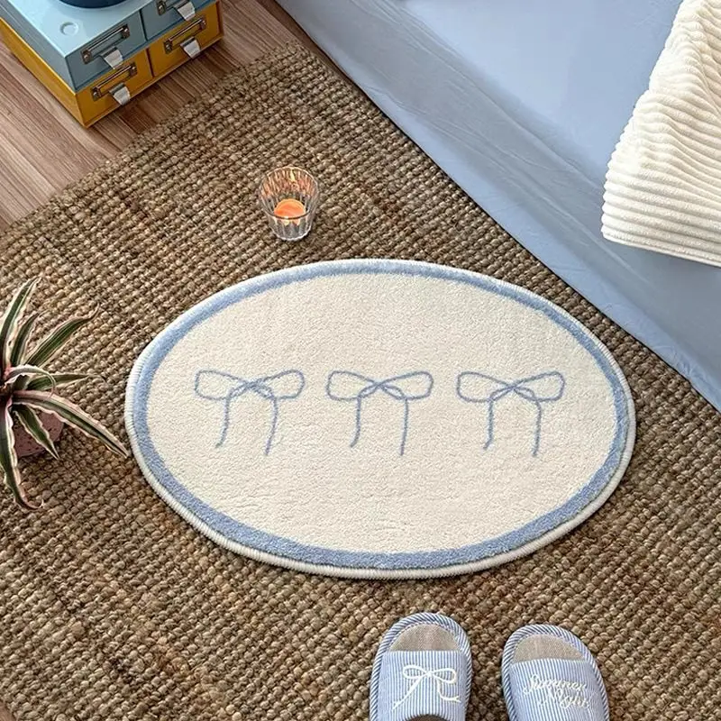 Cute Bow Round Floor Mat Imitation Cashmere Soft Absorbent Carpet Bedroom Bedside Rug Door Mat INS Style Home Decoration