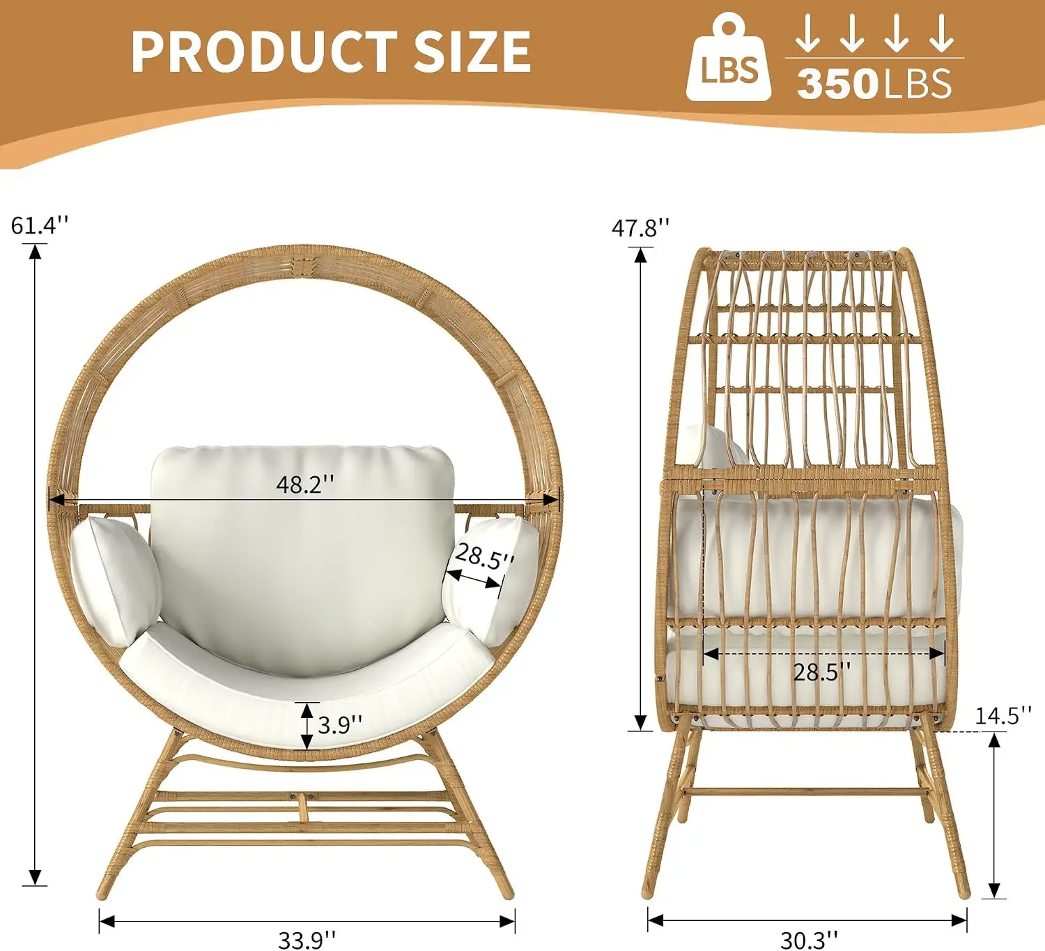 Oversized Indoor Outdoor Egg Chair, Beige Wicker Rattan Lounge Chair with Thickened Cushion, 350 LBS Capacity Patio Basket Chair for Living Room, Balcony, Porch, Backyard
