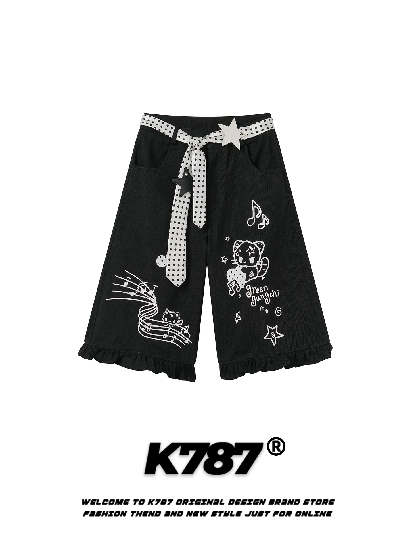 

K787 American Retro Print Bell Bot orts Women's Loose Fit High Waist Cotton Casual Pants Polka Dot Design Summer Wear