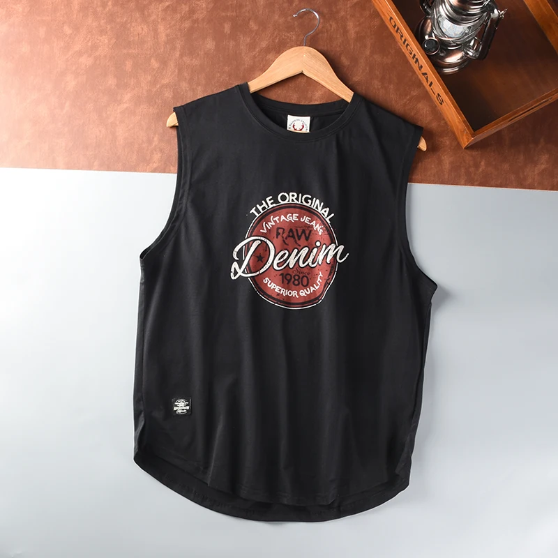 Lato nowy amerykański Retro bez rękawów O-neck nadrukowane litery T-shirt moda męska 100% bawełna myte stare Casual kamizelka sportowa topy